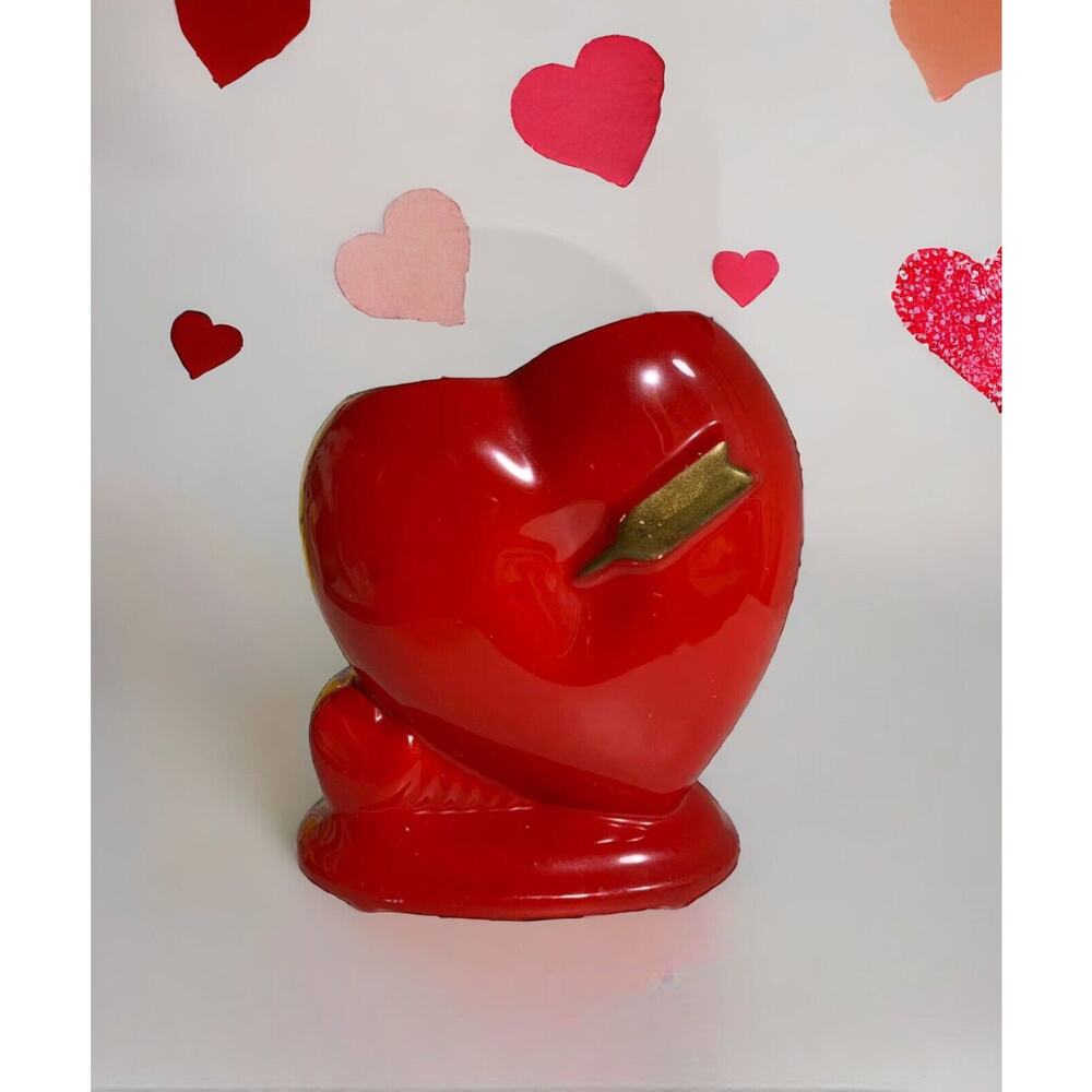 Vintage Red Heart Pierced with Gold Arrow Valentines Planter Vase Love